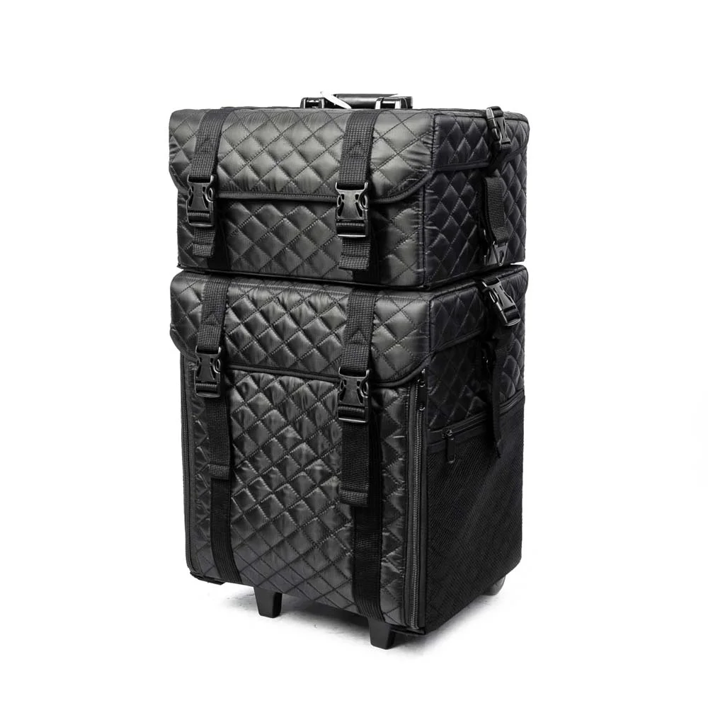 Black leather double layer makeup suitcase detachable rolling cases bag